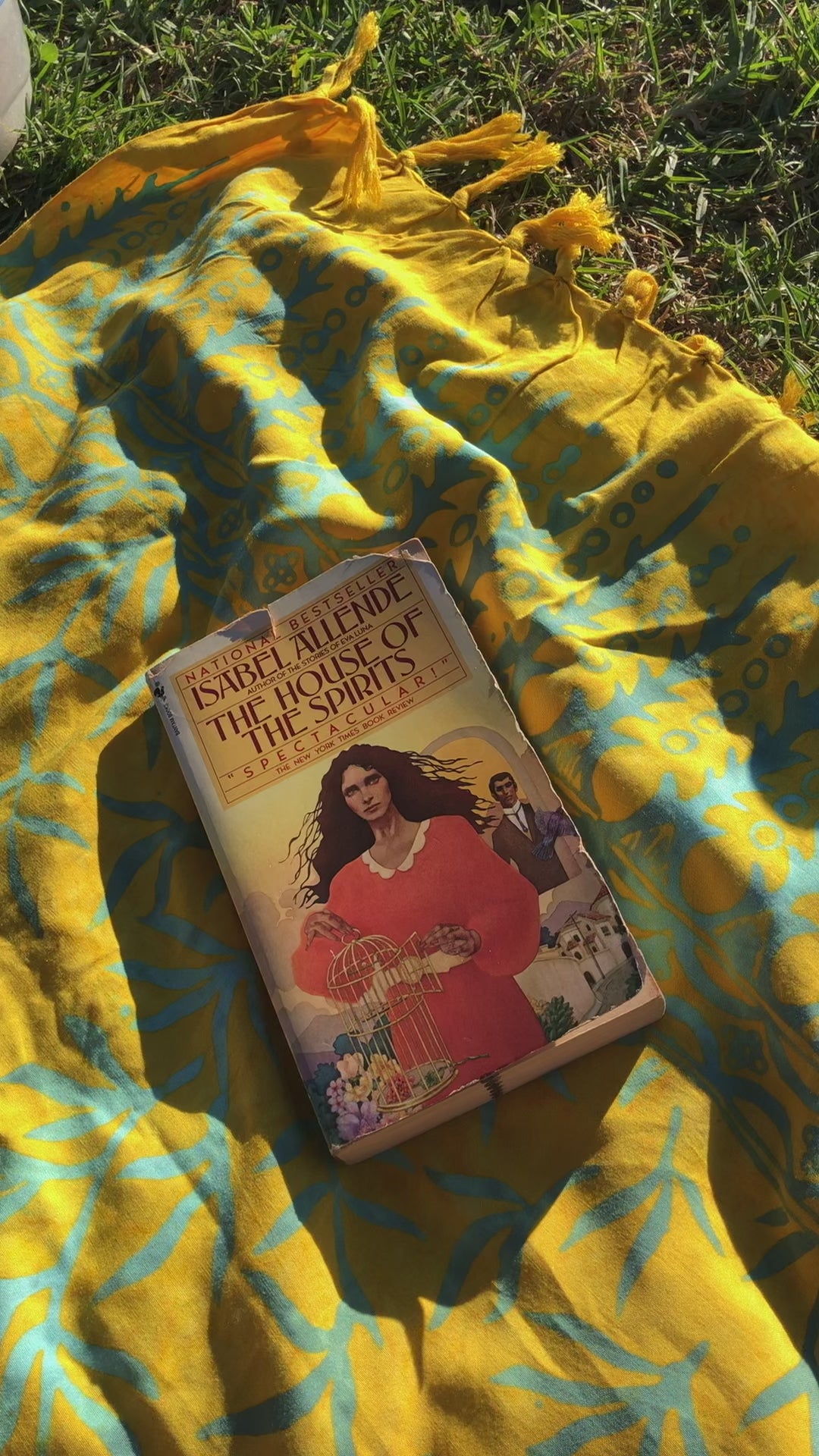 The Lanta Reef - Yellow sarong is used as a picnic blanket at the park. A book sits on top of the sarong