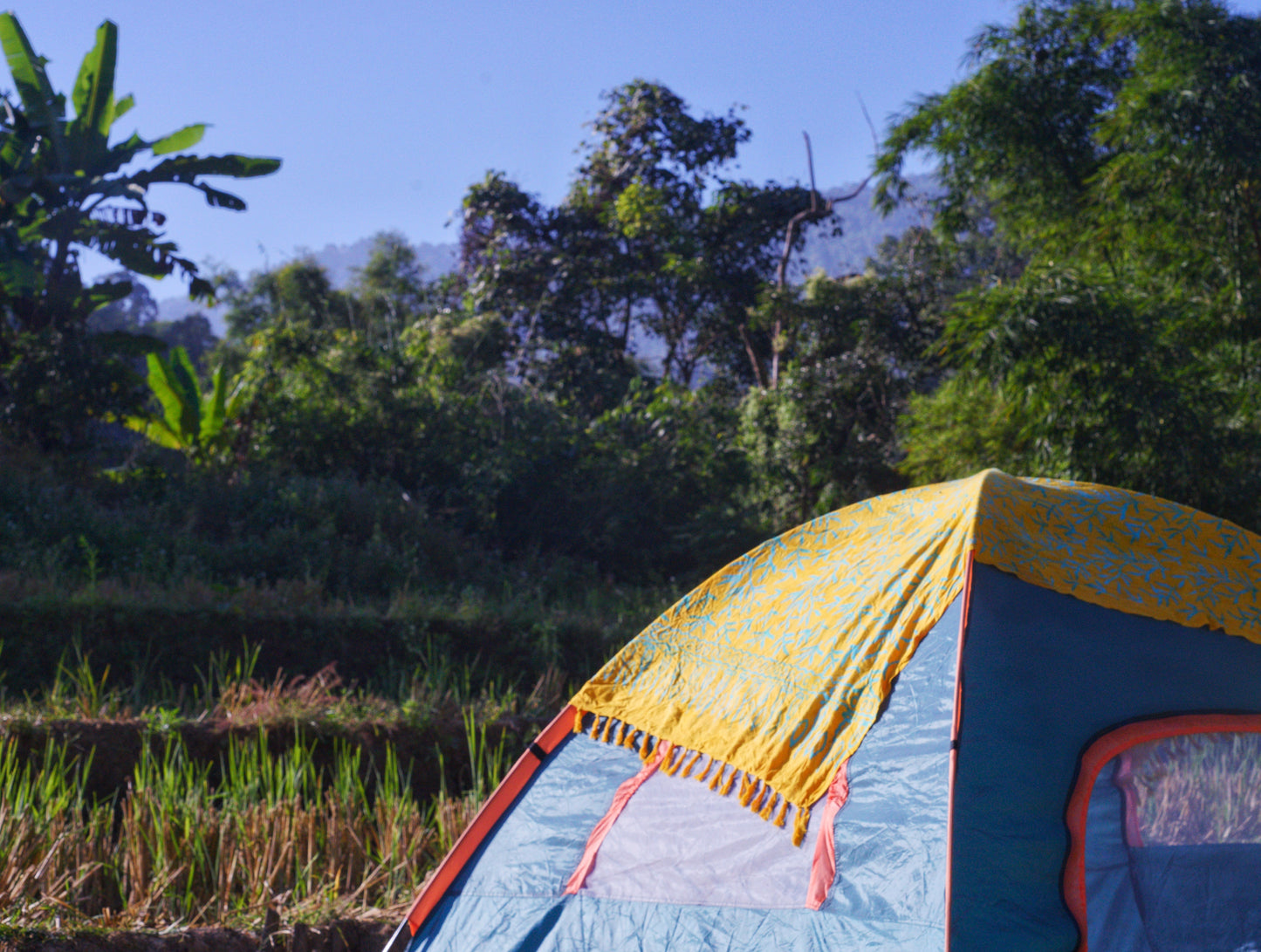 Tent in the rainforest covered by the Lanta Reef - Yellow sarong from YUMI & KORA