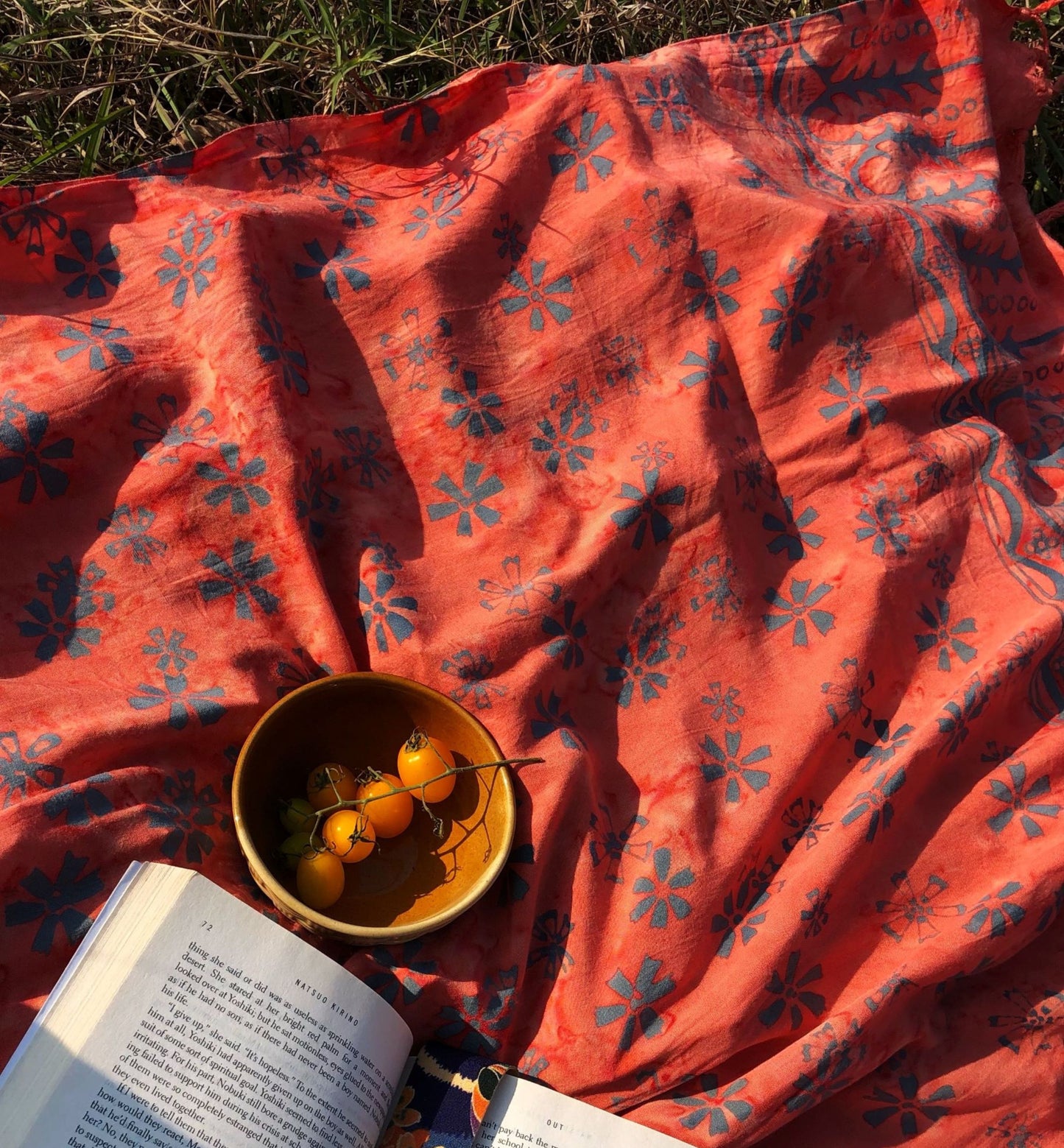 The Sweet Cosmos - Pink sarong from YUMI & KORA is used as a picnic blanket. A book and some cherry tomatoes sit on top of the sarong